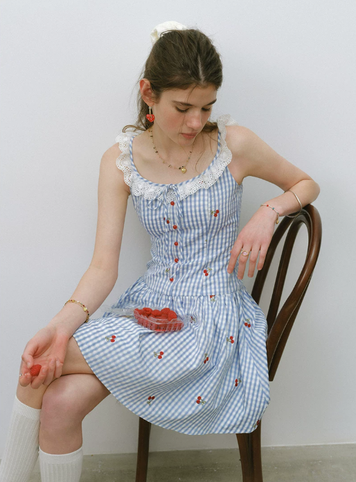 Blue Gingham Cherry Embroidered Mini Dress Women With Lace Trim R9473