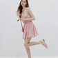 Pink Paisley Print Cami Dress Women With Lace Trim And Elastic Waist R9457