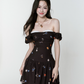 Brown Floral Print Off The Shoulder Mini Dress With Lace Trim And Bubble Skirt R9434