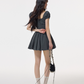 Grey French-Style Puff Sleeve Mini Dress, Square Neck High Waist A-Line Sundress R9378