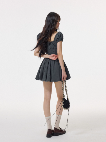 Grey French-Style Puff Sleeve Mini Dress, Square Neck High Waist A-Line Sundress R9378