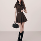 Arrival Preppy Style Brown Striped Shirt Dress with Belt and Pleated Skirt R9373