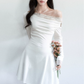 White Off The Shoulder Long Sleeve Mini Dress Women With Lace Trim And Button Detail R9422