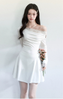 White Off The Shoulder Long Sleeve Mini Dress Women With Lace Trim And Button Detail R9422