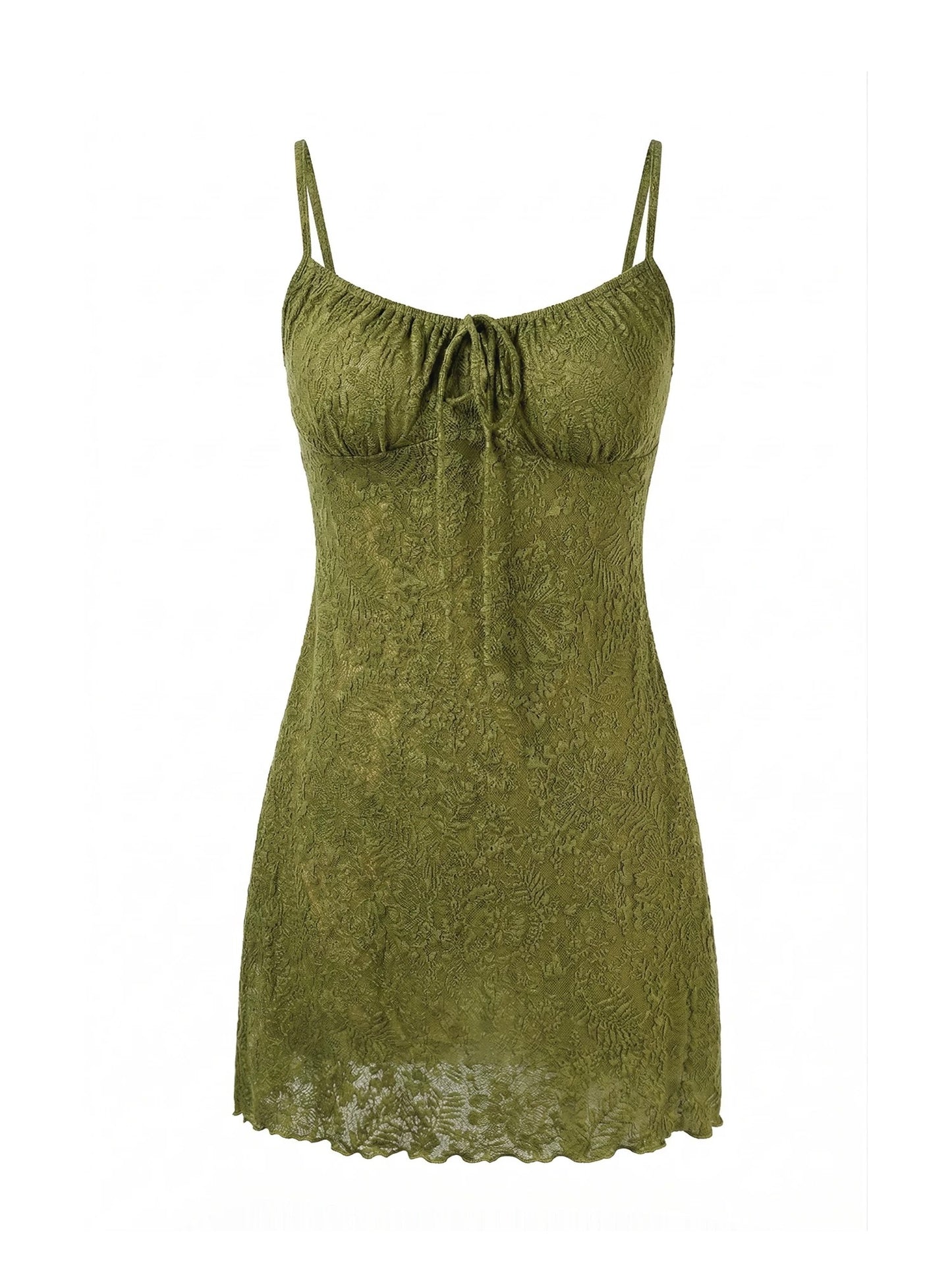 Olive Green Lace Cami Mini Dress with Tie Front R9172