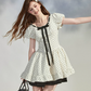 White Polka Dot Mini Dress Women With Black Bow Detail And Puff Sleeves R9396