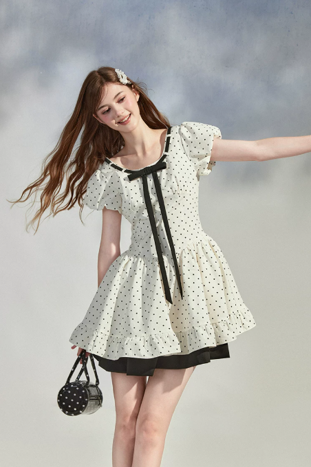 White Polka Dot Mini Dress Women With Black Bow Detail And Puff Sleeves R9396