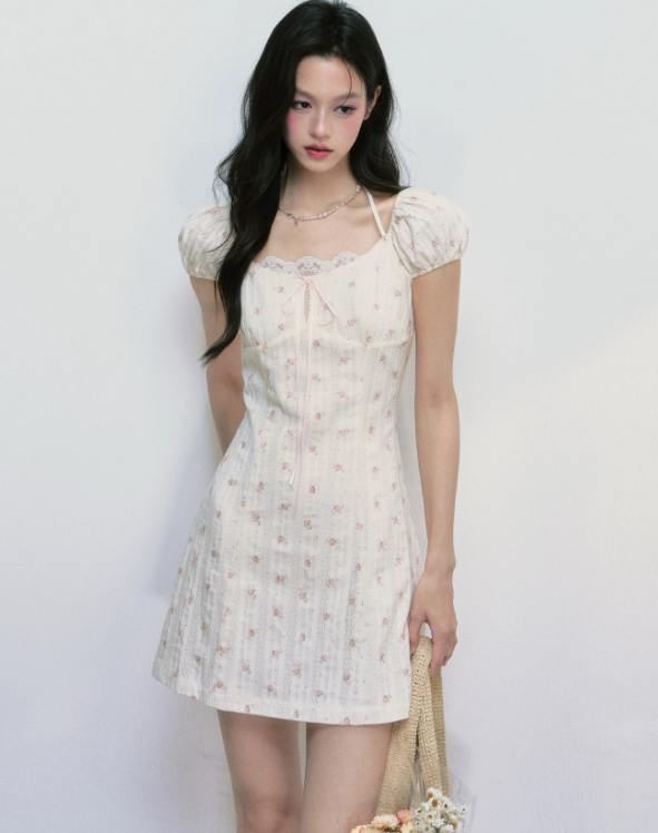 French Style Floral Print Mini Dress Women With Puff Sleeves And Lace Trim R9430