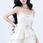White Jacquard Floral Cami Dress Women With Corset Waist And Layered Skirt R9433