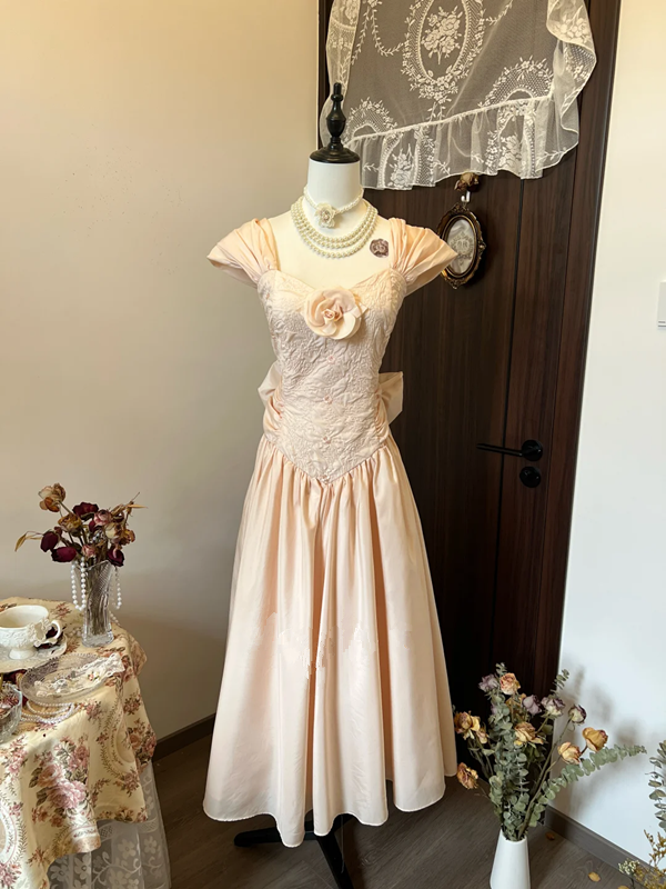 Pink elegant retro waist slim fit long skirt homecoming dress R4267
