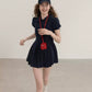 Navy Blue Puff Sleeve Dress with Peter Pan Collar and Elastic Waist R9175