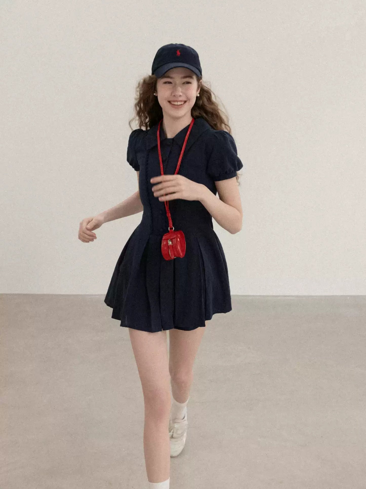 Navy Blue Puff Sleeve Dress with Peter Pan Collar and Elastic Waist R9175