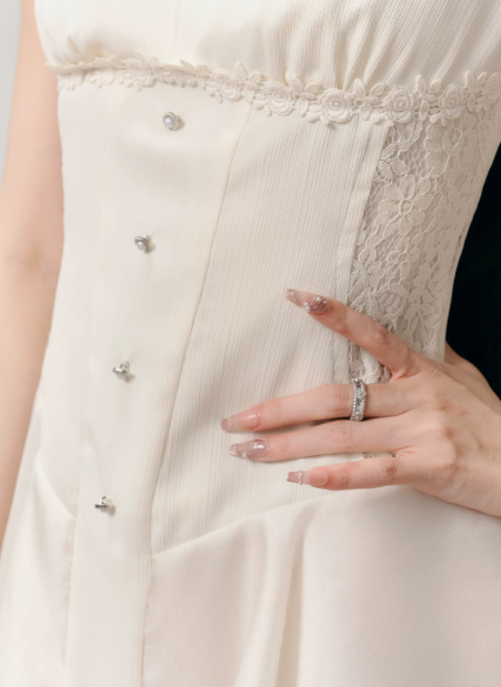 Cream White Corset Style Mini Dress Women With Puff Sleeves And Lace Trim R9442