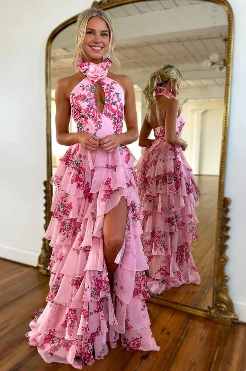 Pink floral halter neck slim waist cake irregular skirt dress, prom dress R5419