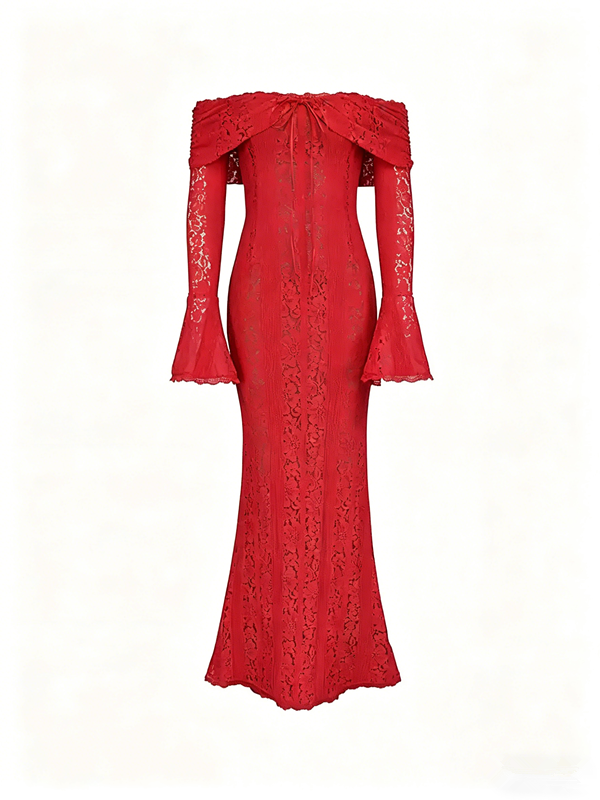Red Lace Off-Shoulder Maxi Dress with Long Flare Sleeves R9135
