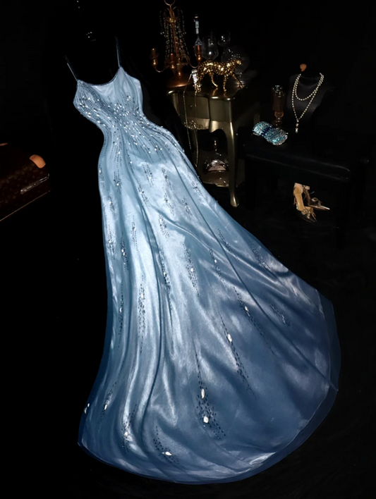 Light blue halter-neck fitted long ball gown R6409