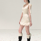 French Style Slim Fit Sleeveless Bodycon Dress with Bow Detail and Faux Fur Trim R9369