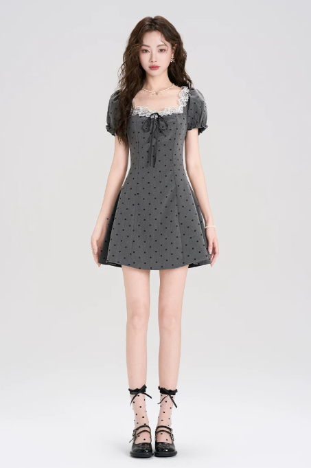 Gray Polka Dot Mini Dress Women With Lace Trim Square Neck And Puff Sleeves R9402
