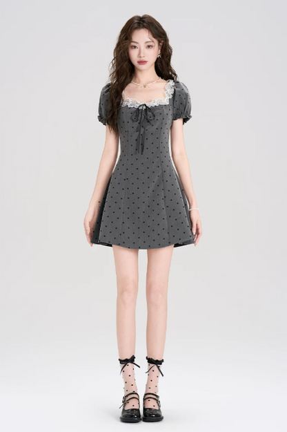 Gray Polka Dot Mini Dress Women With Lace Trim Square Neck And Puff Sleeves R9402