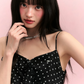 Black Polka Dot Slip Dress with Sweetheart Neck, Ruffled Trim, Asymmetric Hem R9255