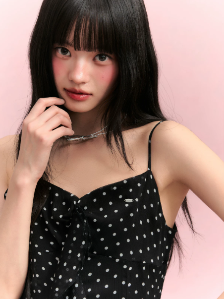 Black Polka Dot Slip Dress with Sweetheart Neck, Ruffled Trim, Asymmetric Hem R9255