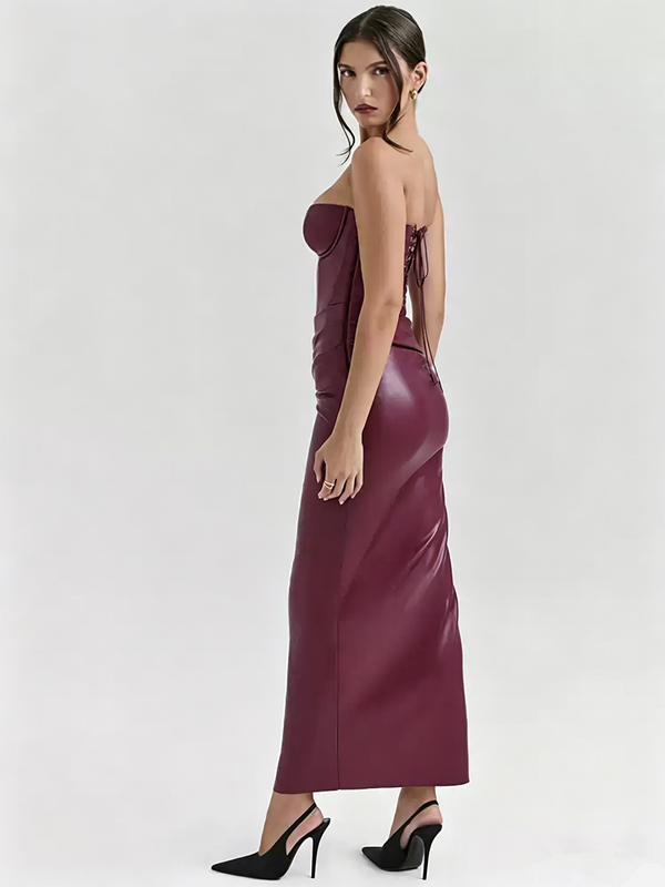 Elegant Pink Satin Strapless Long Dress with Tie Back Detail R9136