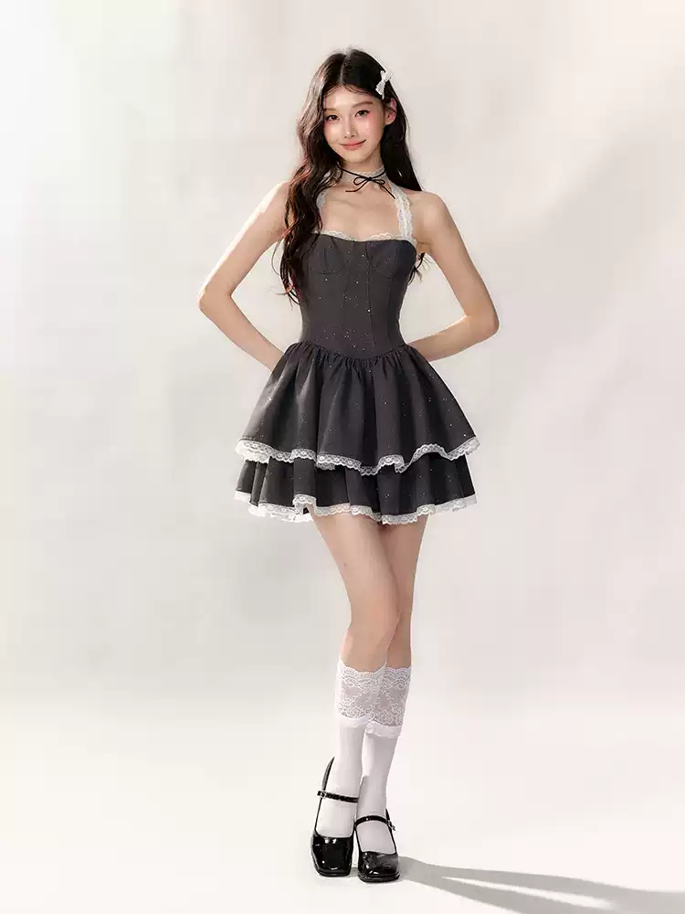 Black Halter Corset Tiered Mini Dress with White Lace Trim and Sparkle Details R9229