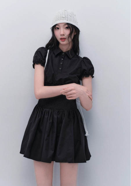 Black Polo Style Mini Dress Women With Puff Sleeves And Smocked Waist R9447
