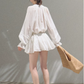 Bohemian Style White/Olive Green V-Neck Long Sleeve Mini Dress with Waist Tie R9362