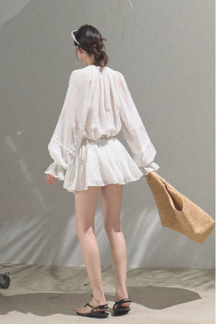 Bohemian Style White/Olive Green V-Neck Long Sleeve Mini Dress with Waist Tie R9362