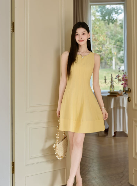 Soft Pastel Yellow Solid Sleeveless Tank Dress Elegant High Waist Flare Short Dress R9343
