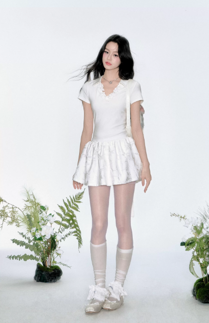 White Polo Neck Mini Dress Women With 3D Floral Detail And Textured Skirt R9421