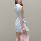 Light Blue Sleeveless Collared Mini Dress Women Tulle Layered Flare Dress R9359
