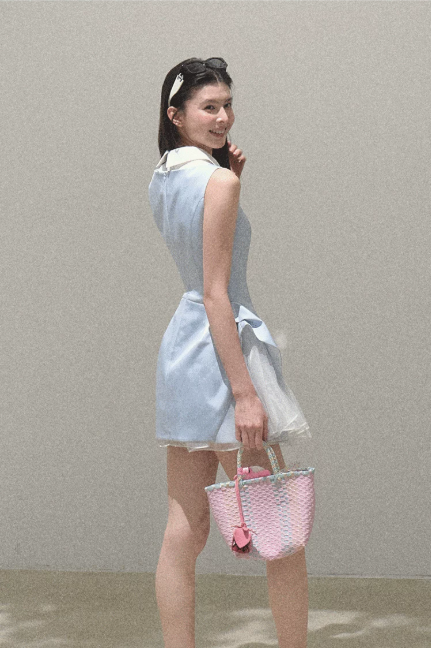 Light Blue Sleeveless Collared Mini Dress Women Tulle Layered Flare Dress R9359