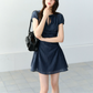 Navy Blue Keyhole Neck Short Sleeve Mini Dress Women With Bow Tie Detail R9393