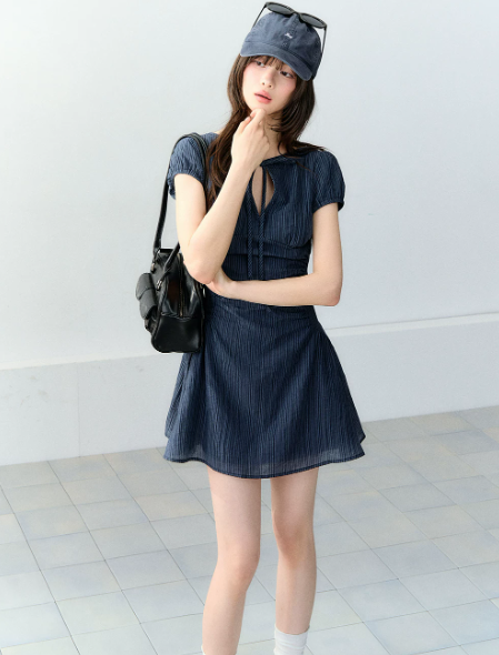Navy Blue Keyhole Neck Short Sleeve Mini Dress Women With Bow Tie Detail R9393