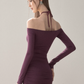 Halter Off-Shoulder Long Sleeve Dress With Ruched Skirt And Mesh Detail R9283