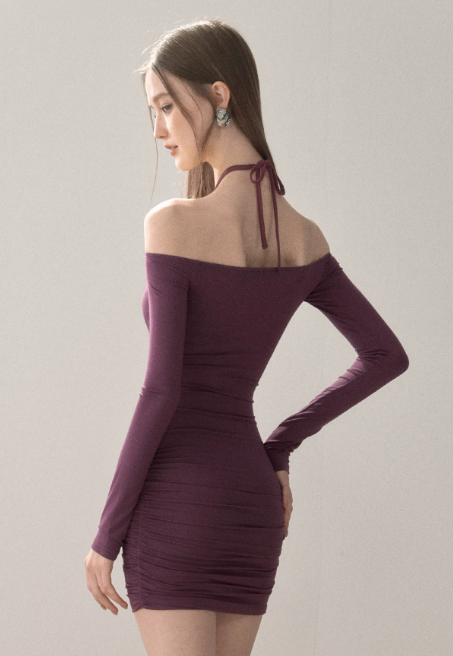 Halter Off-Shoulder Long Sleeve Dress With Ruched Skirt And Mesh Detail R9283