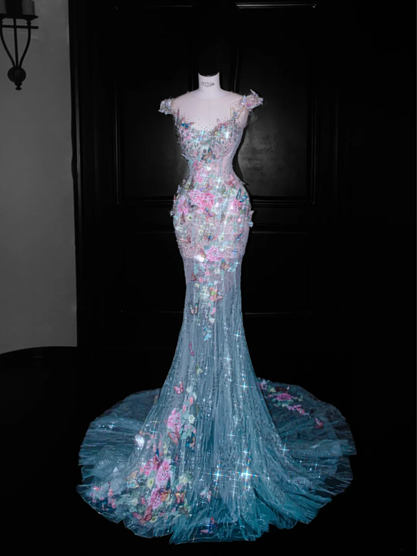 Pink floral butterfly waist slim fit sexy hip fishtail maxi skirt, prom dress R5654