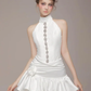 White halter neck slim waist pleated cute A-line ruffled skirt short skirt homecoming dress R4795