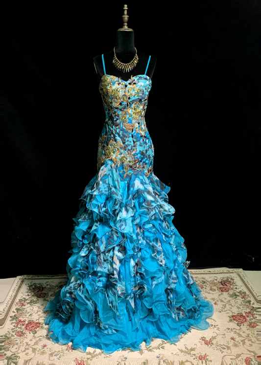 Blue retro floral halter-neck fitted bodycon long ball gown R8672