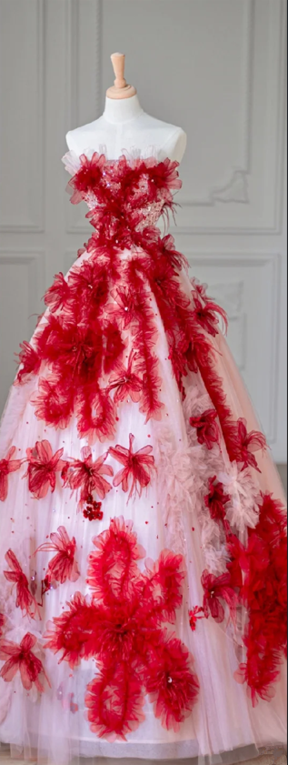 White-based Tube Top with Red Floral Print, Fitted-Waist Slim-Fit Puffy Hem Ball Gown / Bridal Gown R5890