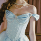 Princess Core Blue Satin Off-Shoulder Dress with Pearl Trim R9202