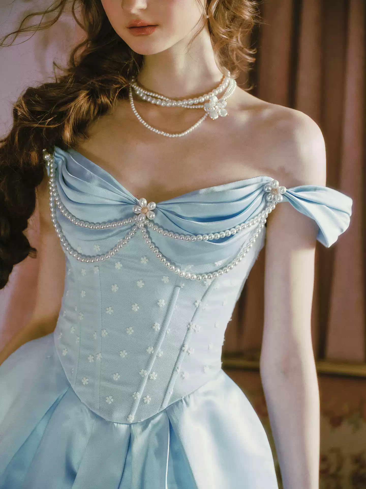 Princess Core Blue Satin Off-Shoulder Dress with Pearl Trim R9202