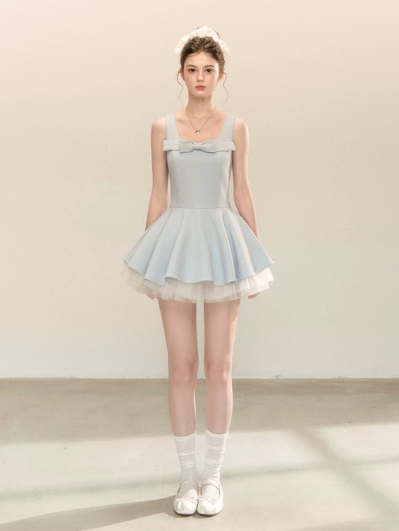 Coquette Bow Square Neck Flounce Dress with Sheer Tulle Layer R9216