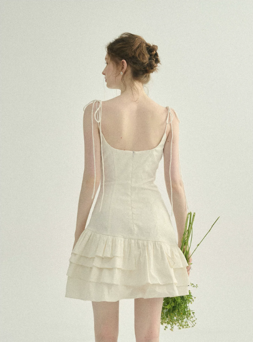 Cream White Tiered Ruffle Mini Dress Women With Tie Straps And Bow Detail R9487