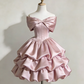 Light pink off-shoulder fitted waist puffy tiered skirt short ball gown R8370