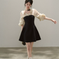 Women's Black & Beige Polka Dot Mini Dress, Puff Sleeve Collared A-Line Dress R9335