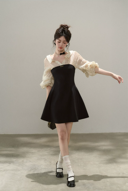 Women's Black & Beige Polka Dot Mini Dress, Puff Sleeve Collared A-Line Dress R9335