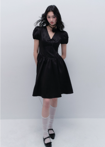 Black Satin V Neck Mini Dress Women With Puff Sleeves And Bow Detail R9437